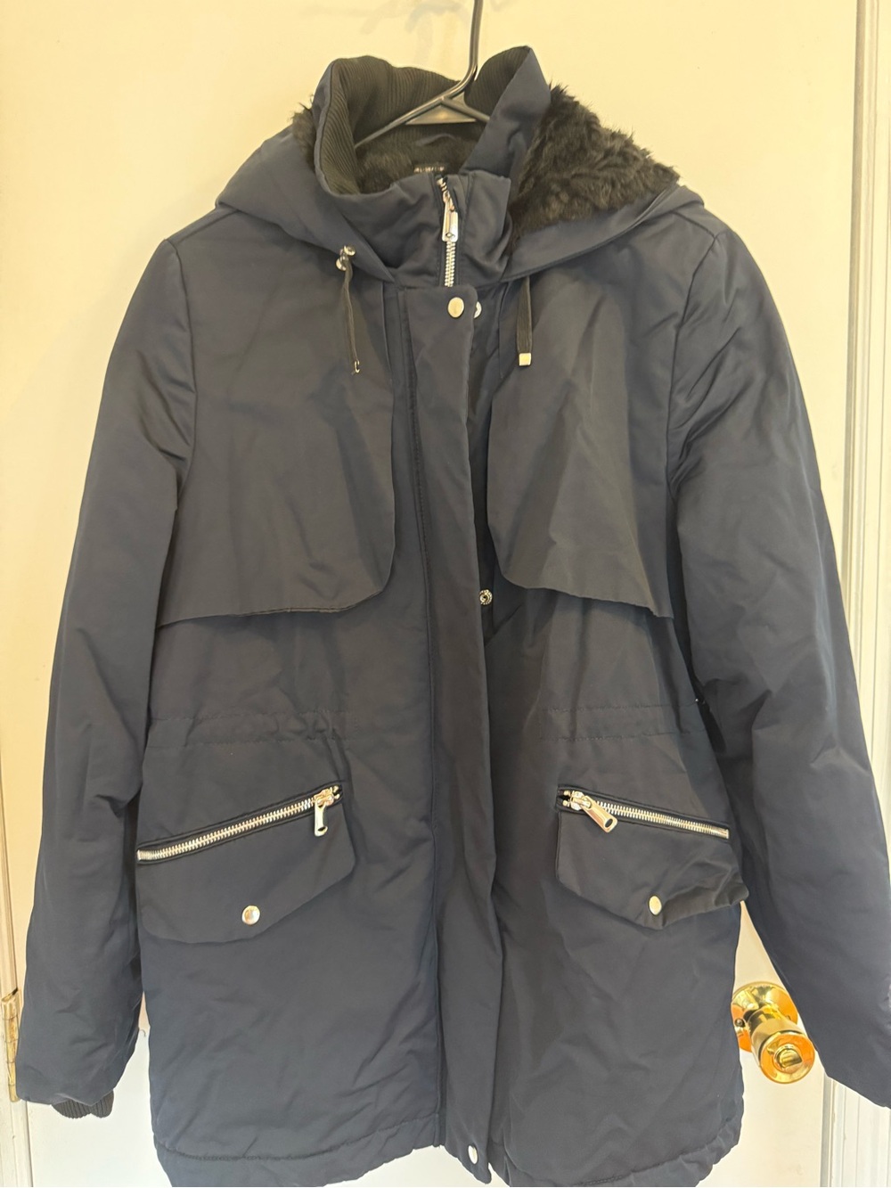 Zara Womens Navy Hooded Winter Coat. Size M
